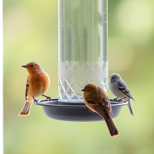 Birds perched on transparent window feeder