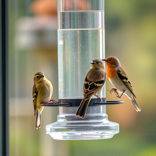 Birds perched on transparent window feeder