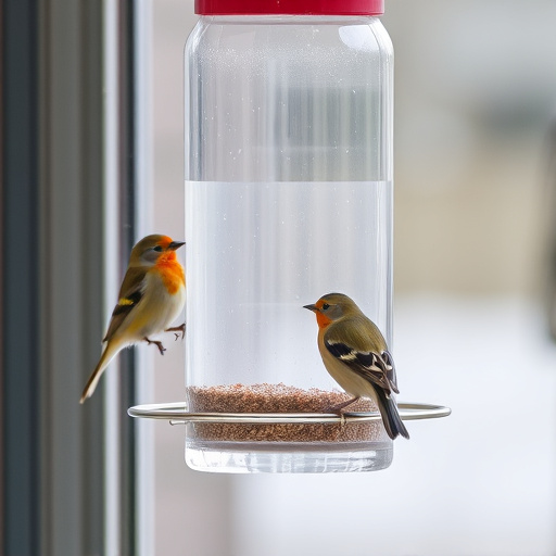 Birds perched on transparent window feeder