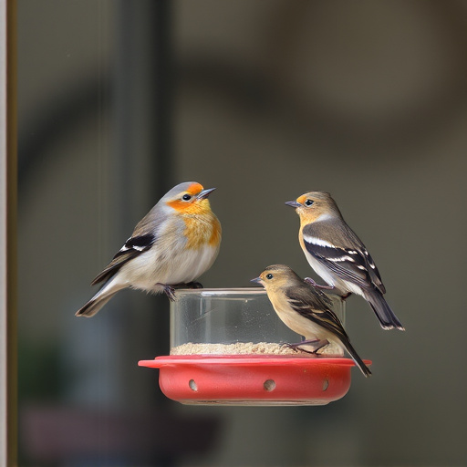 Birds perched on transparent window feeder