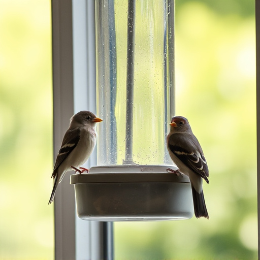 Birds perched on transparent window feeder