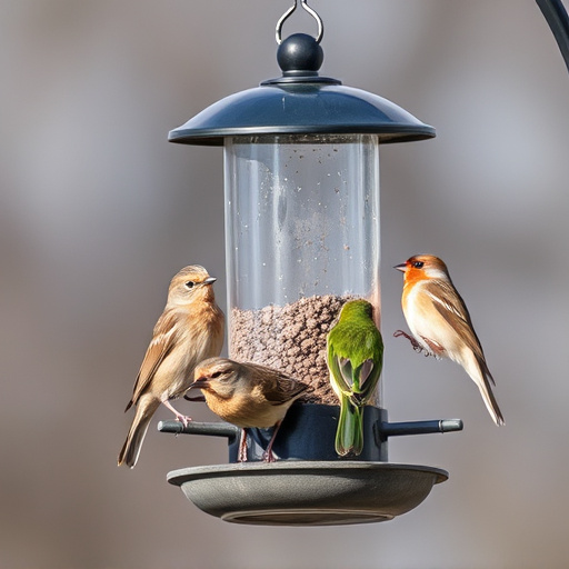 Birds perched on weatherproof feeder