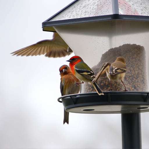 Birds perched on weatherproof feeder