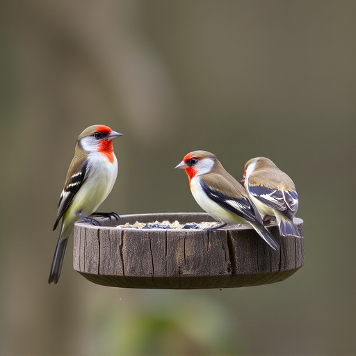 Birds perched on wooden feeding platform