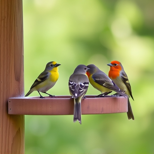 Birds perched on wooden feeding platform