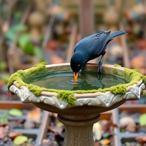 Blackbird drinking from moss-covered pedestal bath