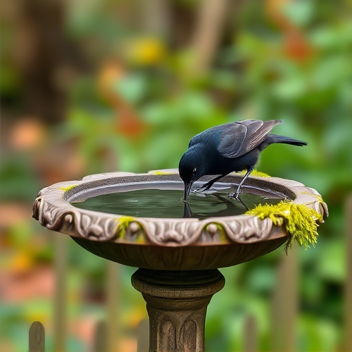 Blackbird drinking from moss-covered pedestal bath