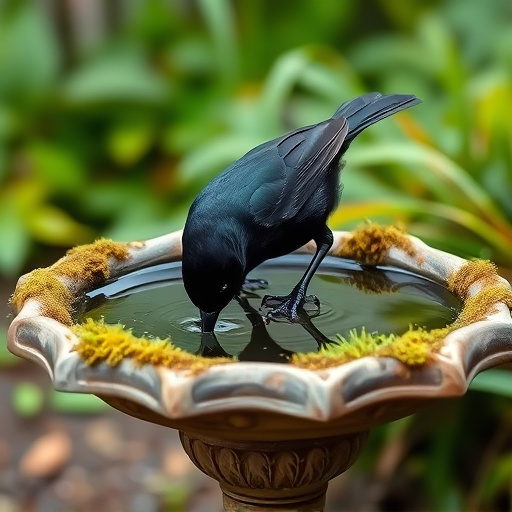 Blackbird drinking from moss-covered pedestal bath