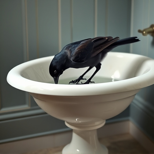 Blackbird drinking from vintage pedestal bath