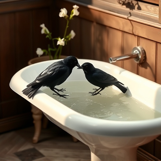 Blackbird drinking from vintage pedestal bath