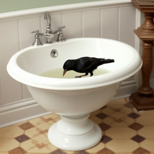 Blackbird drinking from vintage pedestal bath