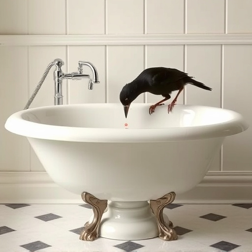 Blackbird drinking from vintage pedestal bath
