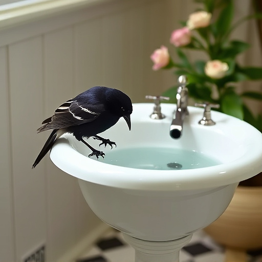 Blackbird drinking from vintage pedestal bath