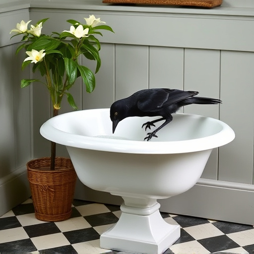 Blackbird drinking from vintage pedestal bath