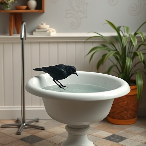 Blackbird drinking from vintage pedestal bath