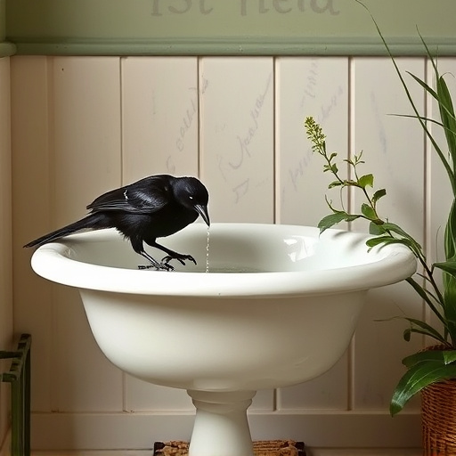 Blackbird drinking from vintage pedestal bath