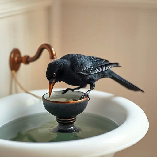 Blackbird drinking from vintage pedestal bath