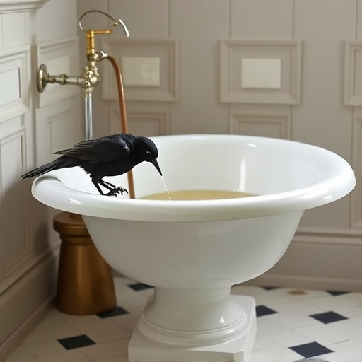 Blackbird drinking from vintage pedestal bath