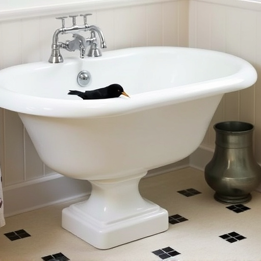 Blackbird drinking from vintage pedestal bath