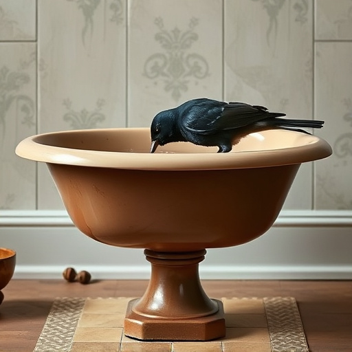 Blackbird drinking from vintage pedestal bath