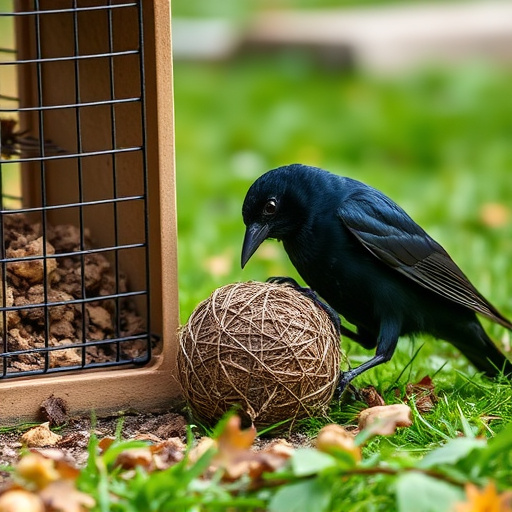Blackbird feeding near ground fat ball cage