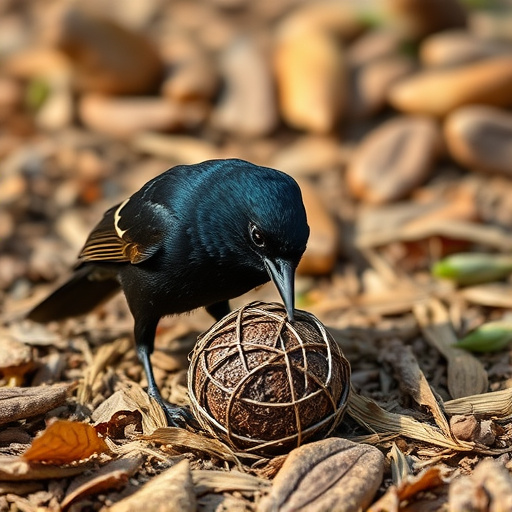 Blackbird feeding near ground fat ball cage
