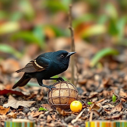 Blackbird feeding near ground fat ball cage