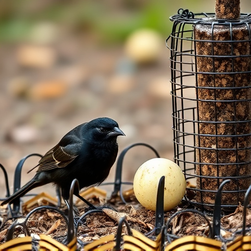 Blackbird feeding near ground fat ball cage