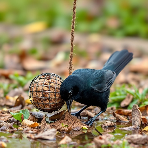 Blackbird feeding near ground fat ball cage