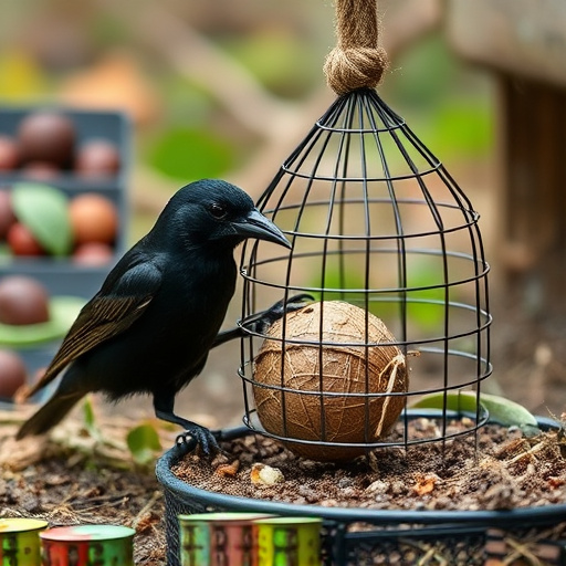 Blackbird feeding near ground fat ball cage