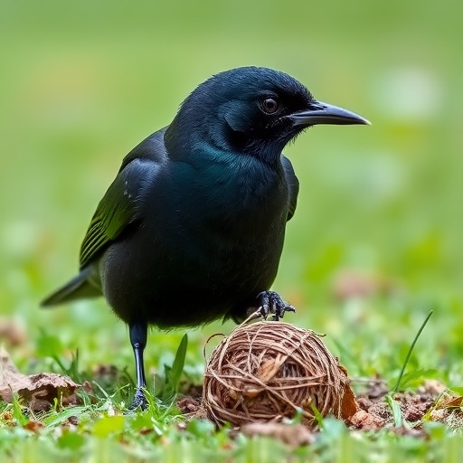 Blackbird feeding near ground fat ball cage