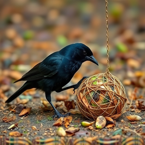 Blackbird feeding near ground fat ball cage
