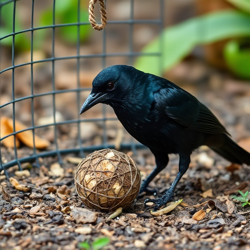 Blackbird feeding near ground fat ball cage