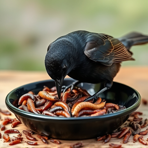 Blackbird feeding on mealworms in dish