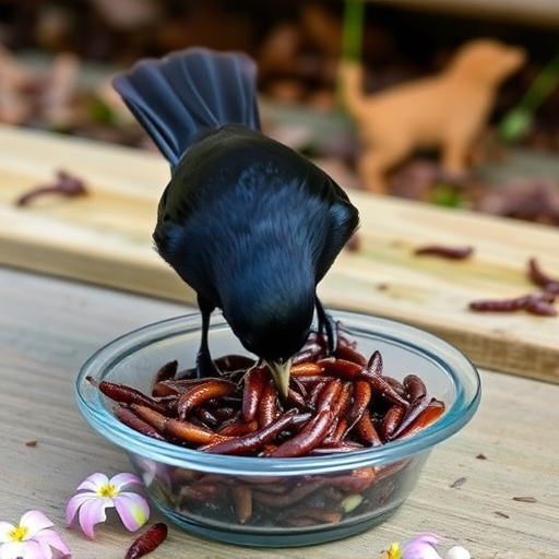 Blackbird feeding on mealworms in dish