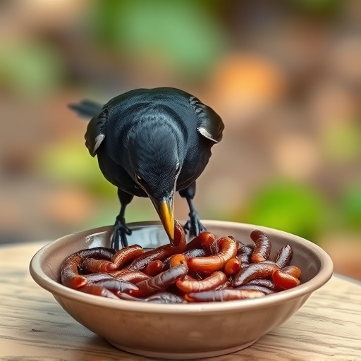 Blackbird feeding on mealworms in dish