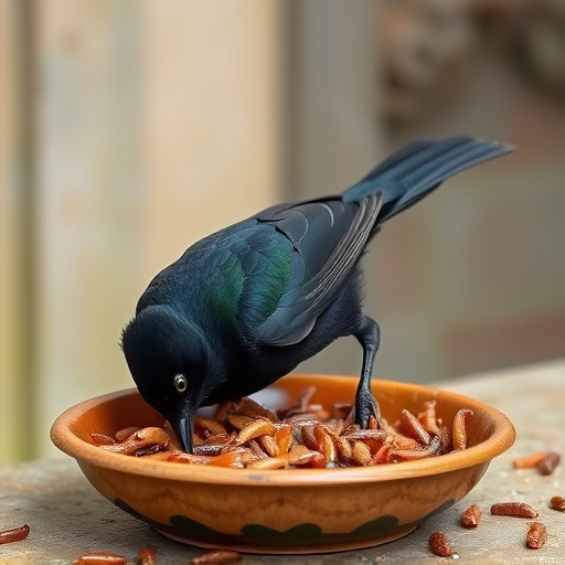 Blackbird feeding on mealworms in dish