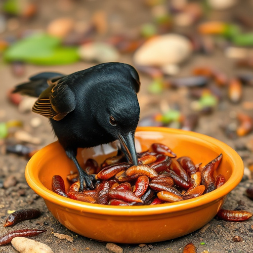 Blackbird feeding on mealworms in dish