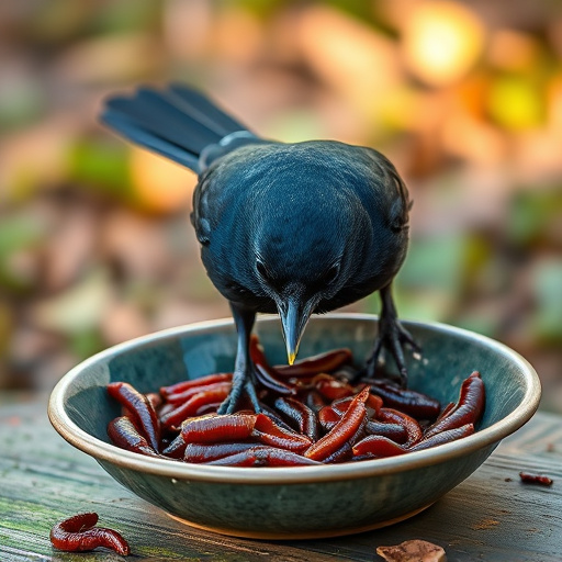 Blackbird feeding on mealworms in dish