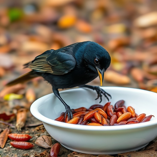 Blackbird feeding on mealworms in dish