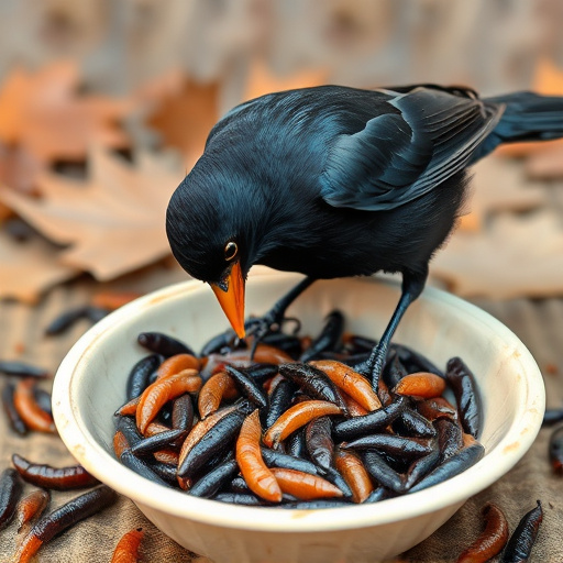 Blackbird feeding on mealworms in dish