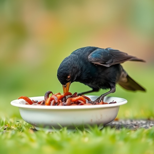Blackbird feeding on mealworms in dish