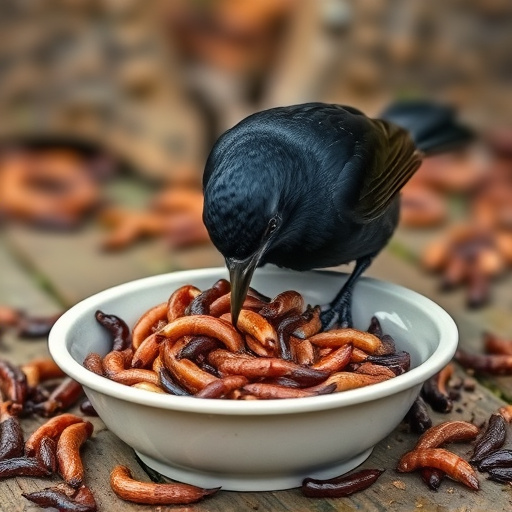 Blackbird feeding on mealworms in dish
