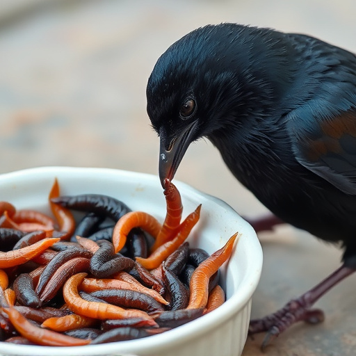 Blackbird feeding on mealworms in dish