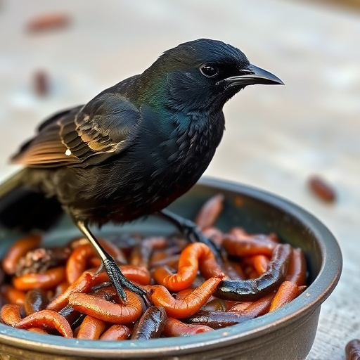 Blackbird feeding on mealworms in dish