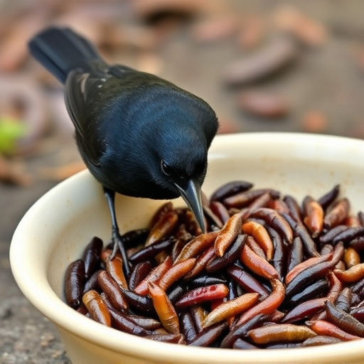 Blackbird feeding on mealworms in dish