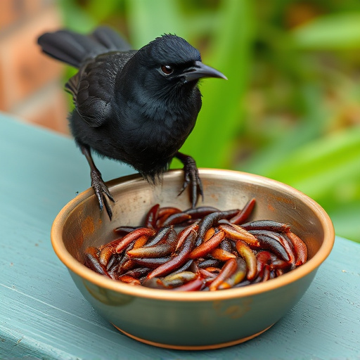 Blackbird feeding on mealworms in dish