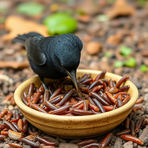 Blackbird feeding on mealworms in dish