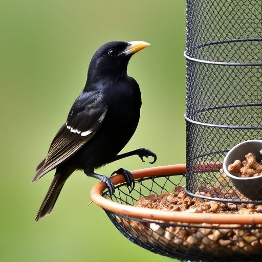 Blackbird pecking from mesh ground feeder