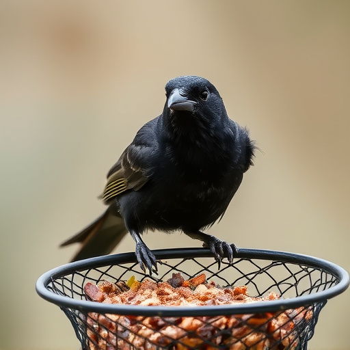Blackbird pecking from mesh ground feeder